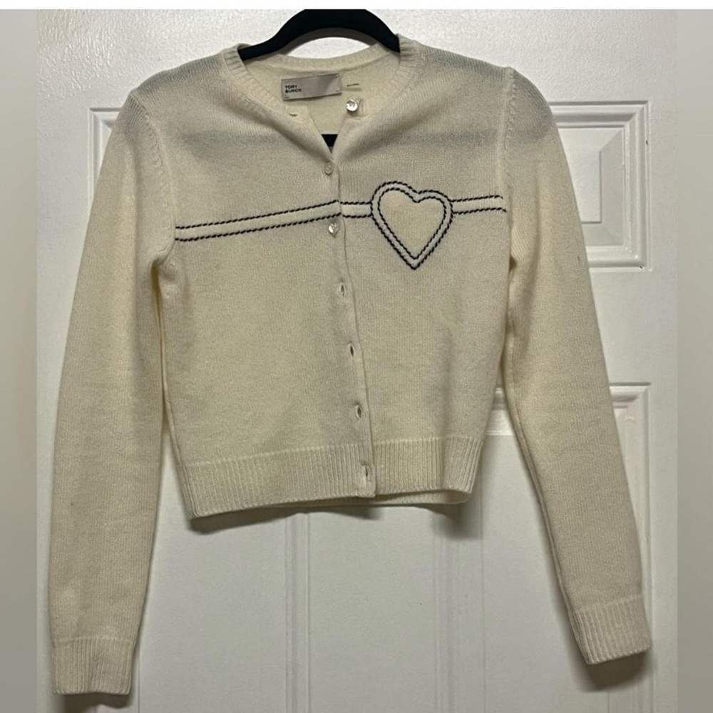 TORY BURCH HEART PICKSTITCH CASHMERE CARDIGAN,